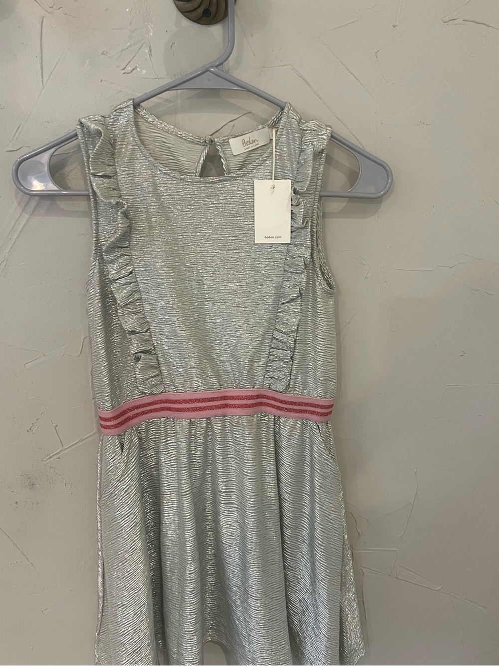 Boden Silver Metallic Dress with Pink Striped Waistband